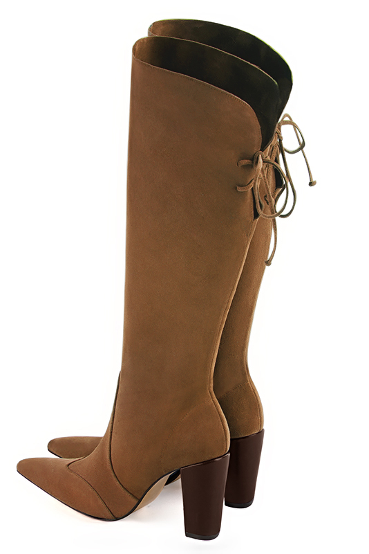 French elegance and refinement for these caramel brown knee-high boots, with laces at the back, 
                available in many subtle leather and colour combinations. Pretty boot adjustable to your measurements in height and width
Customizable or not, in your materials and colors.
Its small side zip and rear opening will leave you very comfortable.
For pointed toe fans. 
                Made to measure. Especially suited to thin or thick calves.
                Matching clutches for parties, ceremonies and weddings.   
                You can customize these knee-high boots to perfectly match your tastes or needs, and have a unique model.  
                Choice of leathers, colours, knots and heels. 
                Wide range of materials and shades carefully chosen.  
                Rich collection of flat, low, mid and high heels.  
                Small and large shoe sizes - Florence KOOIJMAN